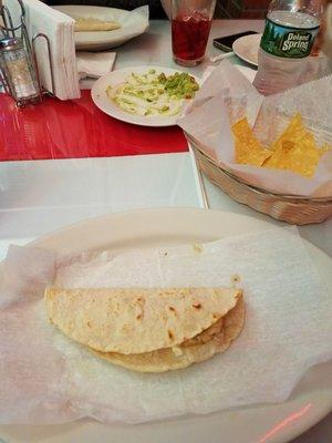 Chicken quesadilla, tortilla chips, and what's left of the guacamole