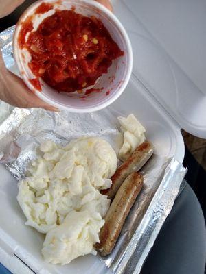 2x2 combo healthy option of 2 egg whites with salsa, and 2 Perdue turkey links, and (not pictured) a banana