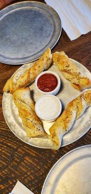 Garlic twists with their homemade ranch & marina sauce.