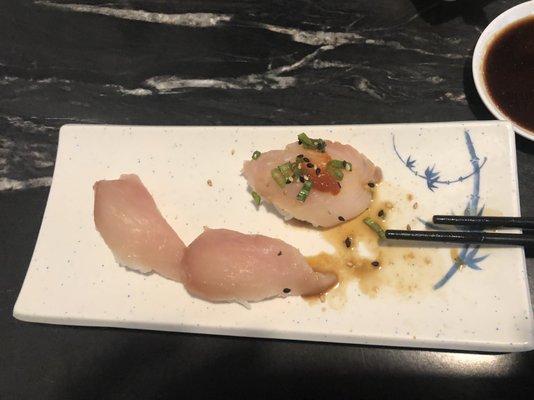 Yellowtail and red snapper...the red snapper was a tiny bit chewy but it is naturally a chewy fish