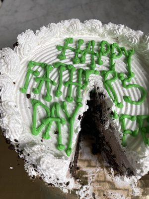 Father's Day cake with cookies and cream ice cream and devil's food cake layer.