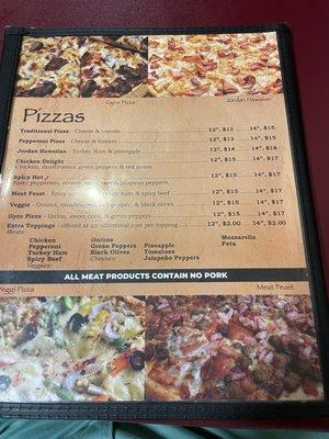 Pizza menu