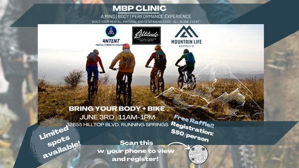 Mind, Body, Performance clinic 6.3. With our friends from Altitude Physical Therapy and Fittness + 4NTENT. Body | Mind | Bikes!!