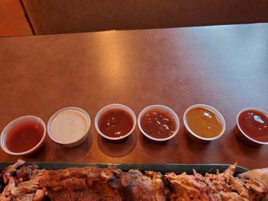 L to R: Papa's Sweet, Southern White, Medium, Granny's Vinegar, Carolina Mustard, Hot