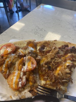 This pulled pork slice is ridiculously good, the Cajun shrimp is a staple slice her for sure.