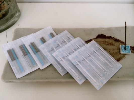 Packets of clean and sterile needles.  Each needle is one time use only.
 Needle diameters range from .12-.35mm.