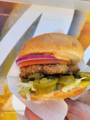 / Flame Grilled Angus Beef Patty 4 oz, Jalapeño,  Lettuce, Pickles, Onion, Tomato, Burger Sauce (ketchup, mayo, mustard mixed up)