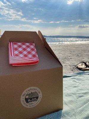 Picnic from The Cupboard cafe. It included a sandwich, pasta salad cup, fruit salad cup, chips, and a huge homemade cookie.