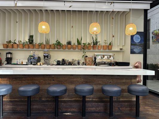 Interior bar style seating facing the coffee baristas