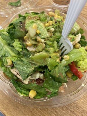 Chopped salad with avocado, corn, cherry peppers , grilled chicken & creamy balsamic