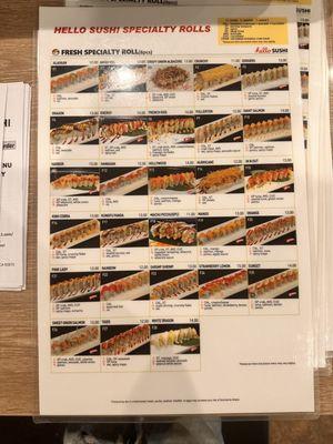 Sushi roll menu