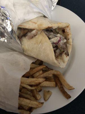 chicken shawarma laffa with fries.