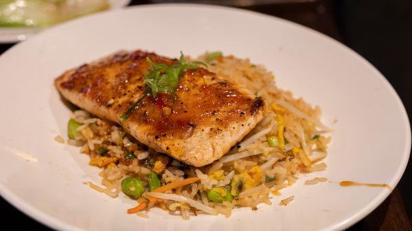 Sweet-Chili Glazed Salmon over fried rice.