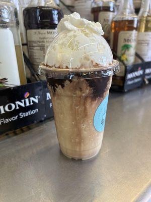 Mocha frappe with added chocolate drizzle.