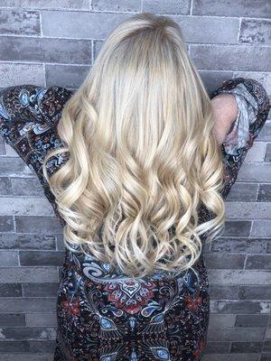 Full highlights with tape-in extensions! By Stylist Emily.