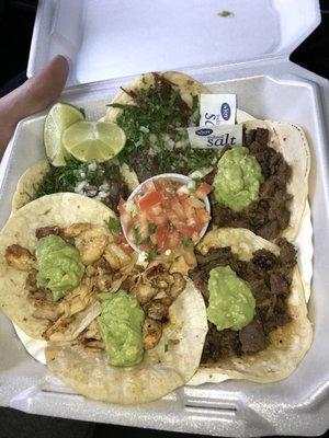 Tacos:  Bottom left - Chicken Top - Steak  Bottom right - Beef cheek  Delicious