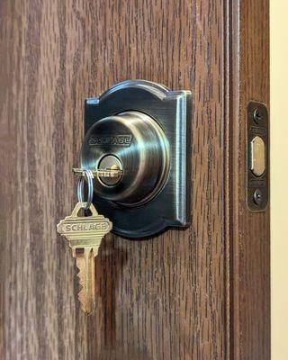 We installed a new deadbolt Schlage instead of an old broken one and rekeyed  for the key that was working for all other locks in the house.