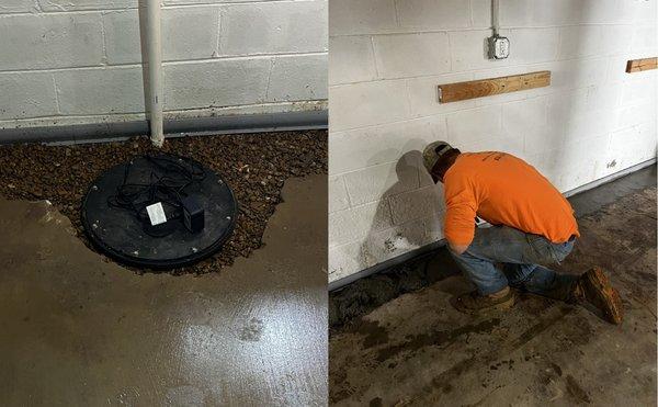 Sump pump and interior drain system installation process. The concrete floor will be replaced around the sump pump.