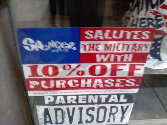 Parental Advisories don't count when the parent isn't in the same mall as the kids.  But 10% off for military is great.