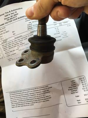 Pic of ball joint that they said to be needed to be replaced for $300. That didn't need after I took it off myself