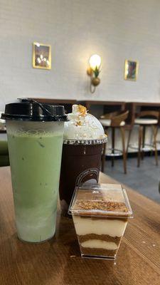 Iced matcha latte, Knafa chocolate cracking iced latte, biscoff cheesecake shooter