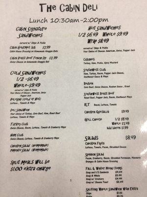 The Cabin Deli Breakfast Menu