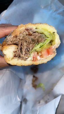 Inside of the Cheesesteak w/American Cheese. Very good & good balance of meat & condiments:)