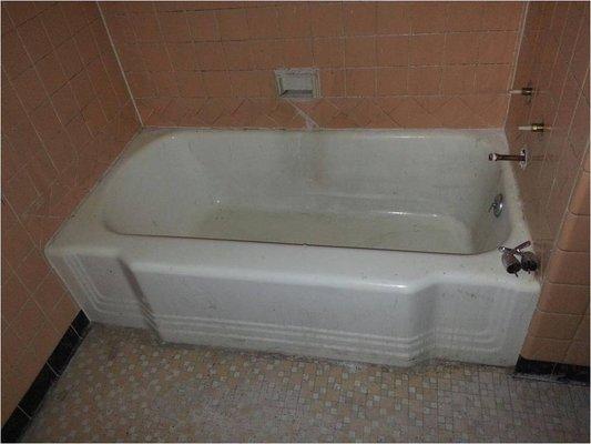 Here is the before pic of a dingy tub with pink tile.