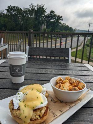 Crab cake Benedict I think, on the patio