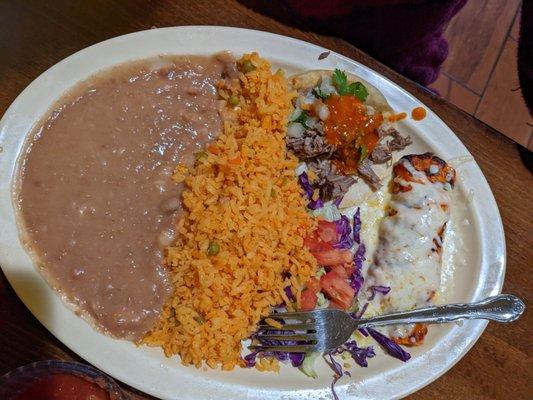 Beef burrito, beef taco, rice, and beans!