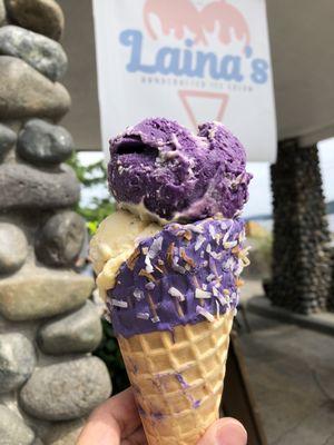 Ube ice cream & Mango ice cream in an Ube-dipped Waffle Cone (IG: @206foodie)