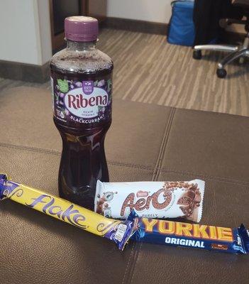 Flake, Aero, Yorkie and Ribena.  Yes, I know that Ribena is for toddlers. Lol