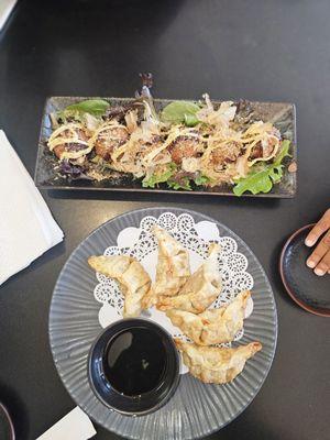 Takoyaki and deep fried beef potstickers