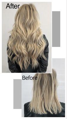 Before & after // Two rows of custom colored handtied extensions.