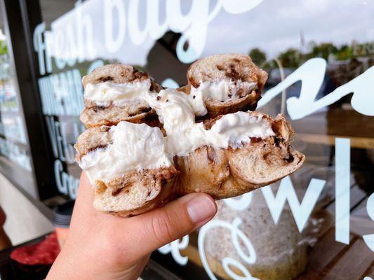 Chocolate chip bagel with cream cheese