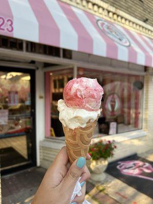 Strawberry Shortcake and Banana Pudding on a cone