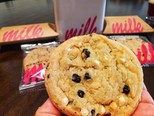 Blueberry & Cream- Sugar cookie dough, milk crumbs, and chewy dried blueberry morsels. 3 for ($8.25), 2.75 each