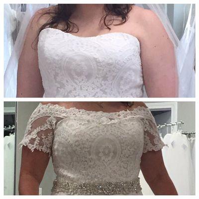 The before and after of what their seamstress, France's, created for the top of my dress!