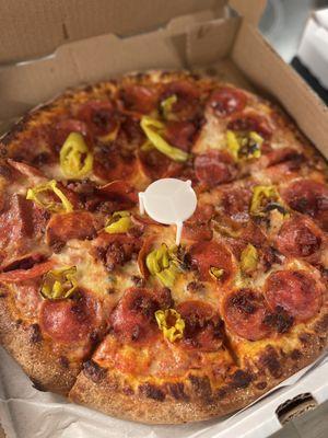 Pepperoni banana peppers and homestyle bacon