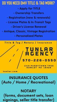 DMV TITLE & TAG SERVICES, Insurance, Notary - HAWLEY PA