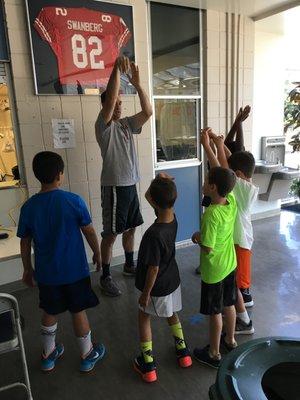 Coach going over video of the players explaining proper technique