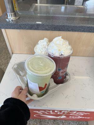 Matcha frappe, smoothie and vanilla milkshake.