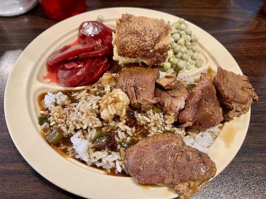 Smoked Pork, Rice & Gravy, two sides. Also included a small salad and dessert.