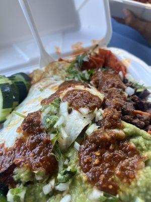 Chilaquiles rojos with Asada and al pastor