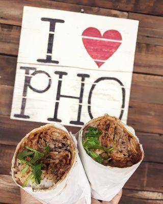 Best of both worlds in one hand! A burrito filled with all your favorite flavors of Pho. Served with a side of Pho broth to dip into.