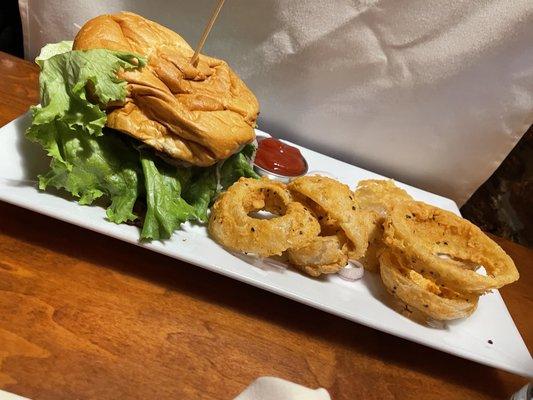 Burger with onion rings