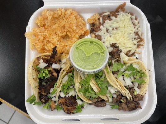 5 regular tacos with rice and beans ($12.99 USD)