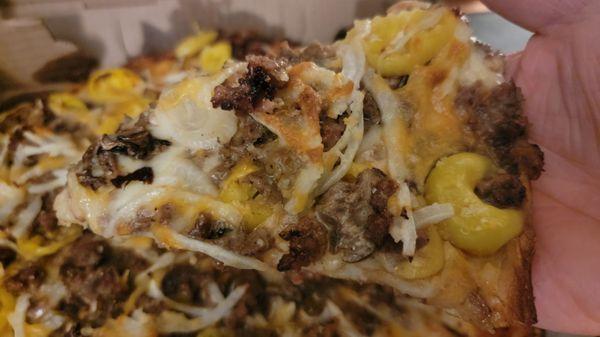 Small (12", 8 slice) Steak & 3 Cheese Pizza (w/banana peppers): Every slice was loaded with cheese, steak, and mild banana peppers!