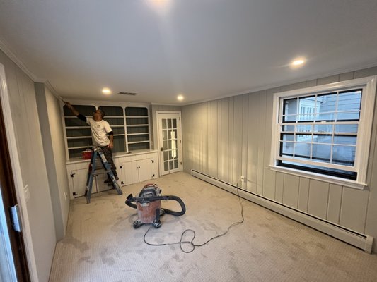 New insulation, ceiling, crown, molding, and fresh new paint colors for a Sherborn customers home after water damage.