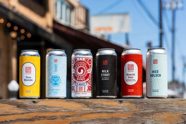 Our core beer flavors: Yuza Blonde, Dokkaebi IPA, K-Beer, Milk Stout, Kimchi Sour and Rice Kolsch